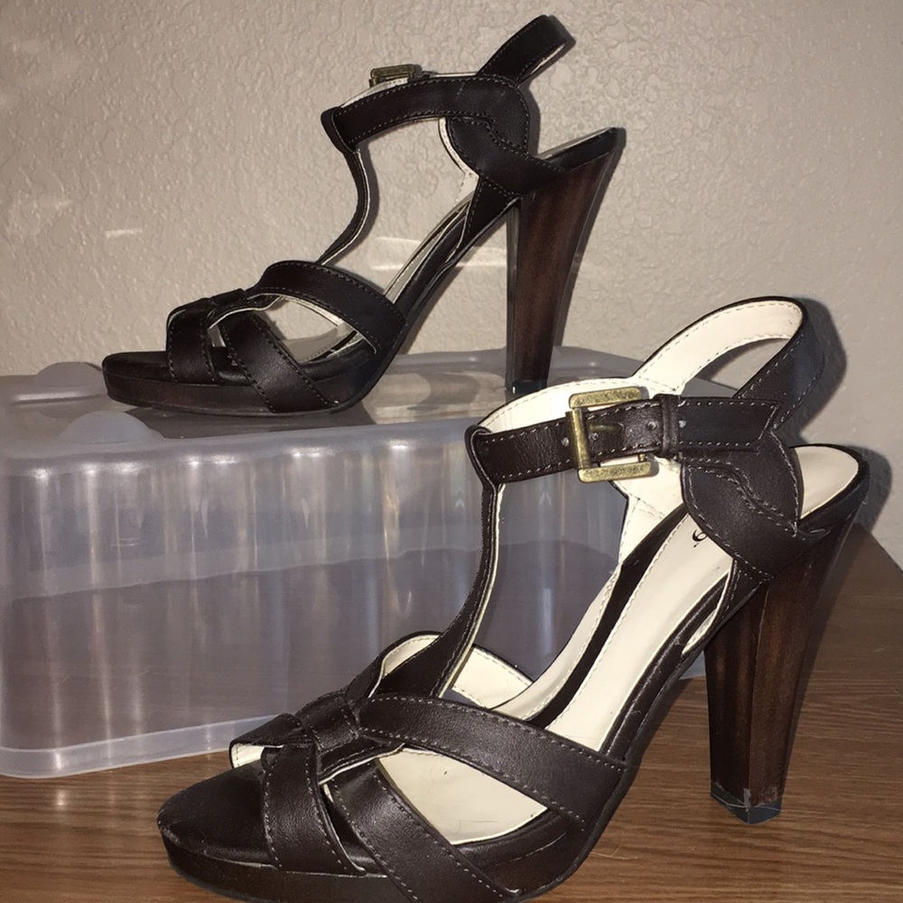 Brown strap heels. Size 6